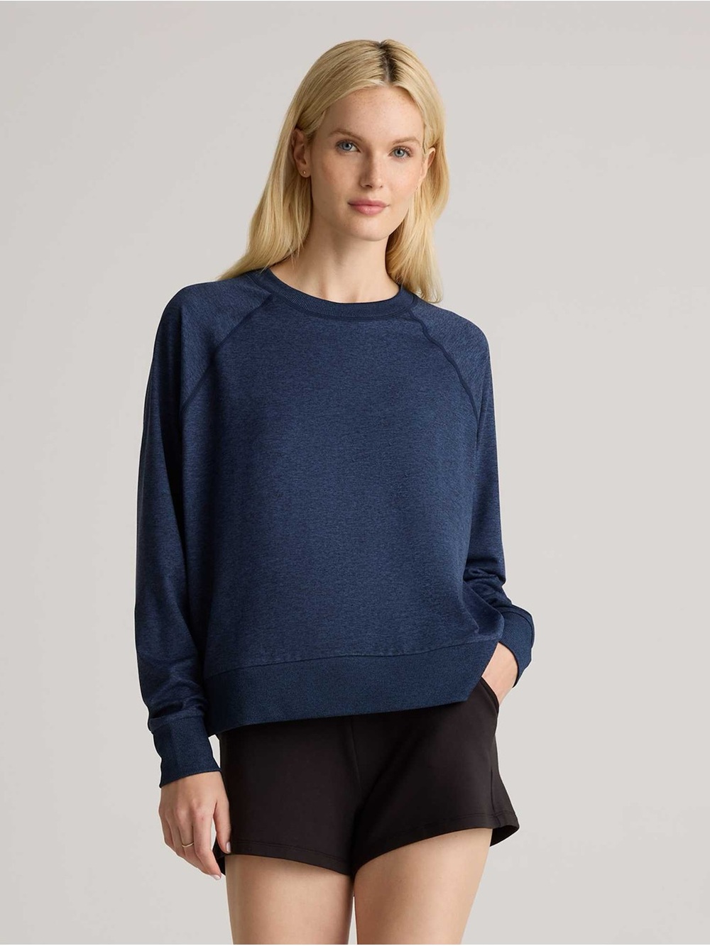Quince Flowknit Pullover Crew Heather Navy XS Performance Crewneck Sweatshirt